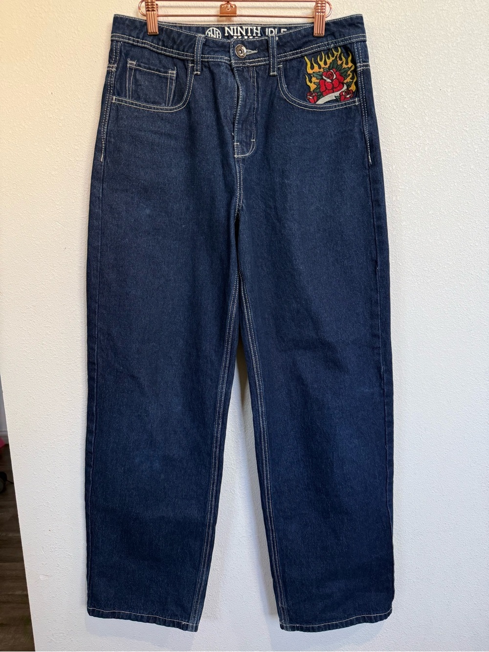 Ninth Idle Hall Y2K Wide Leg Jeans Embroidered Flame Rose Dark Wash Sz 6 - Picture 3 of 15